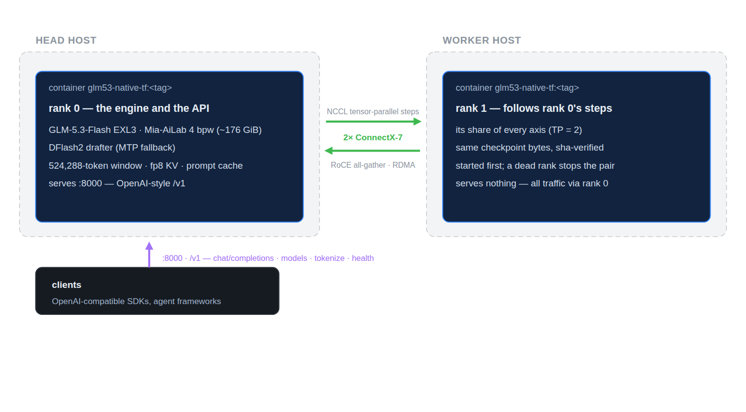 Diagram: one GLM-5.3-Flash instance served by two GB10s — rank 0 on the head with the engine and the API on :8000, rank 1 on the worker, tensor-parallel over two ConnectX-7 RoCE rails